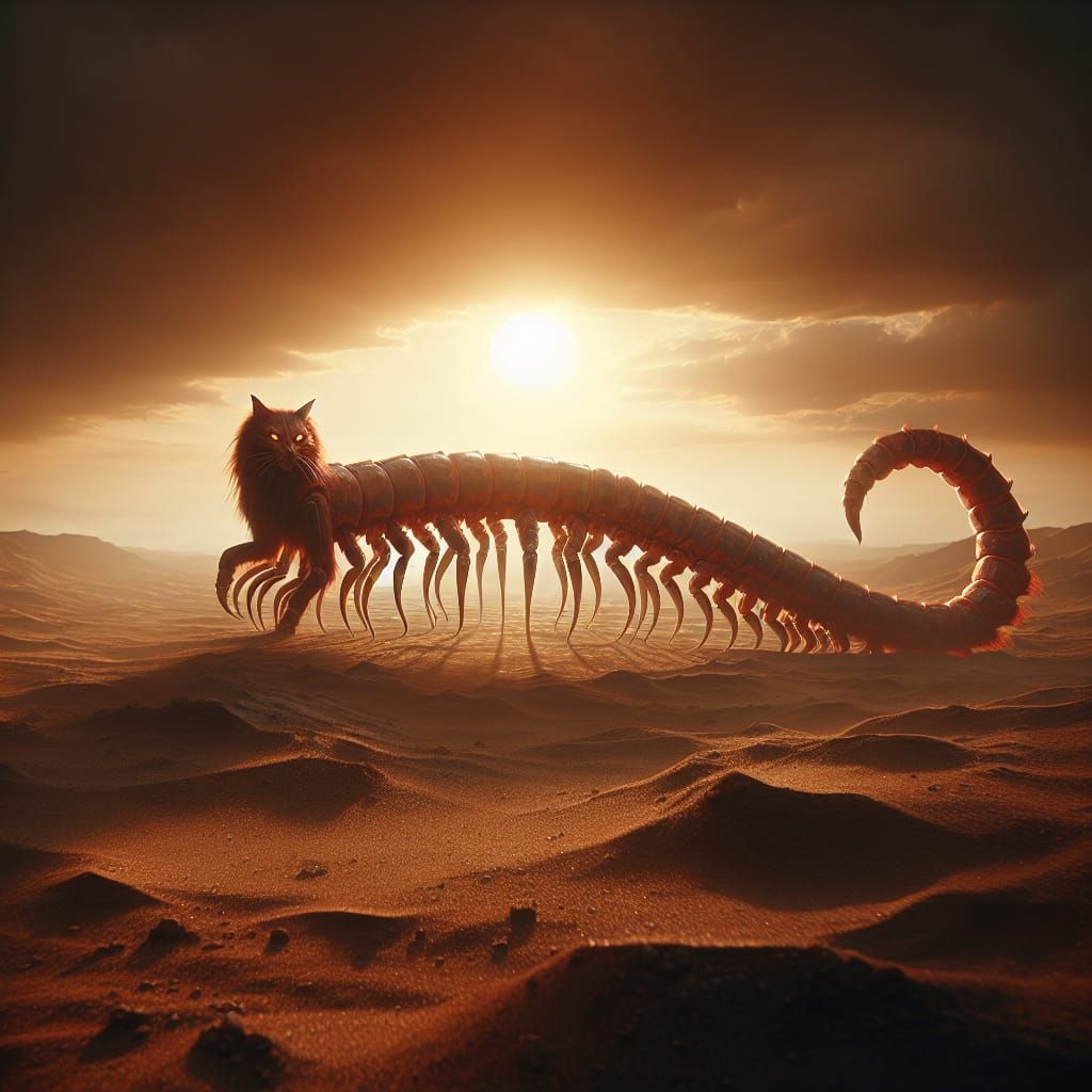 Epic Centipede-Cat Monster on Sandy Terrain