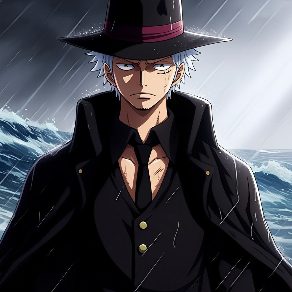 White-Haired Character in Black Gear on Stormy Sea