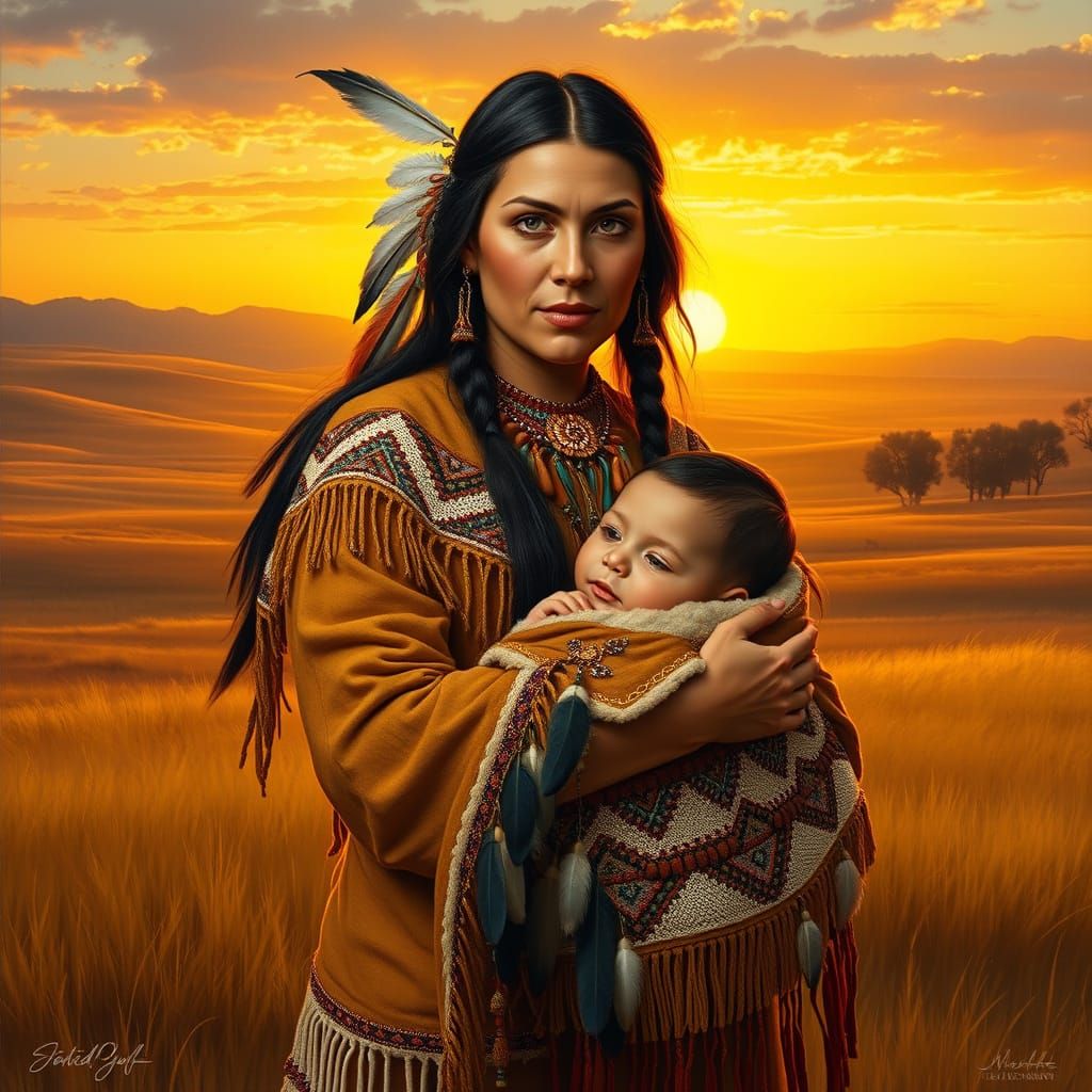 Native American Mother and Child in Golden Plains Landscape