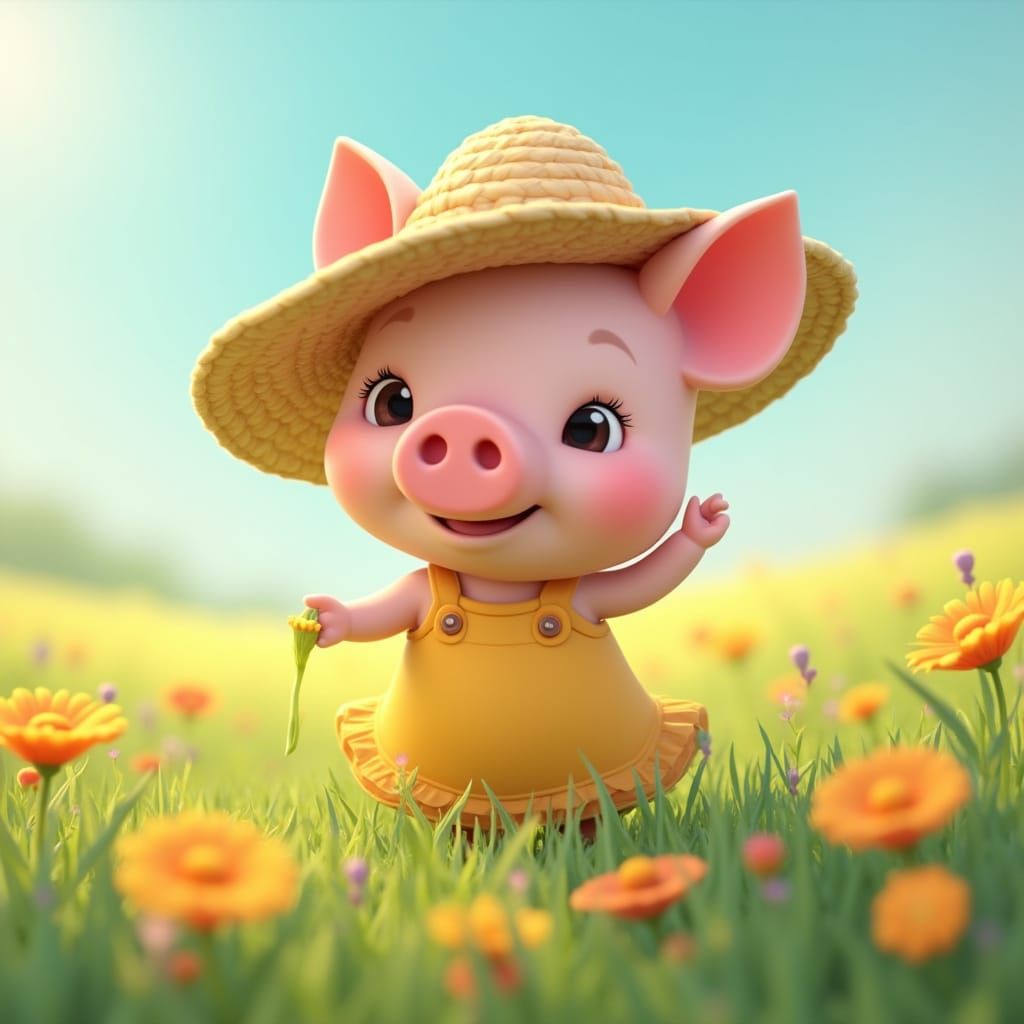 Girl Pig Explores Meadow in Pixar Disney Style