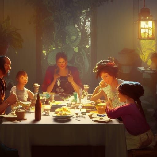 Family Dinner Radiates Joy in Detailed Art