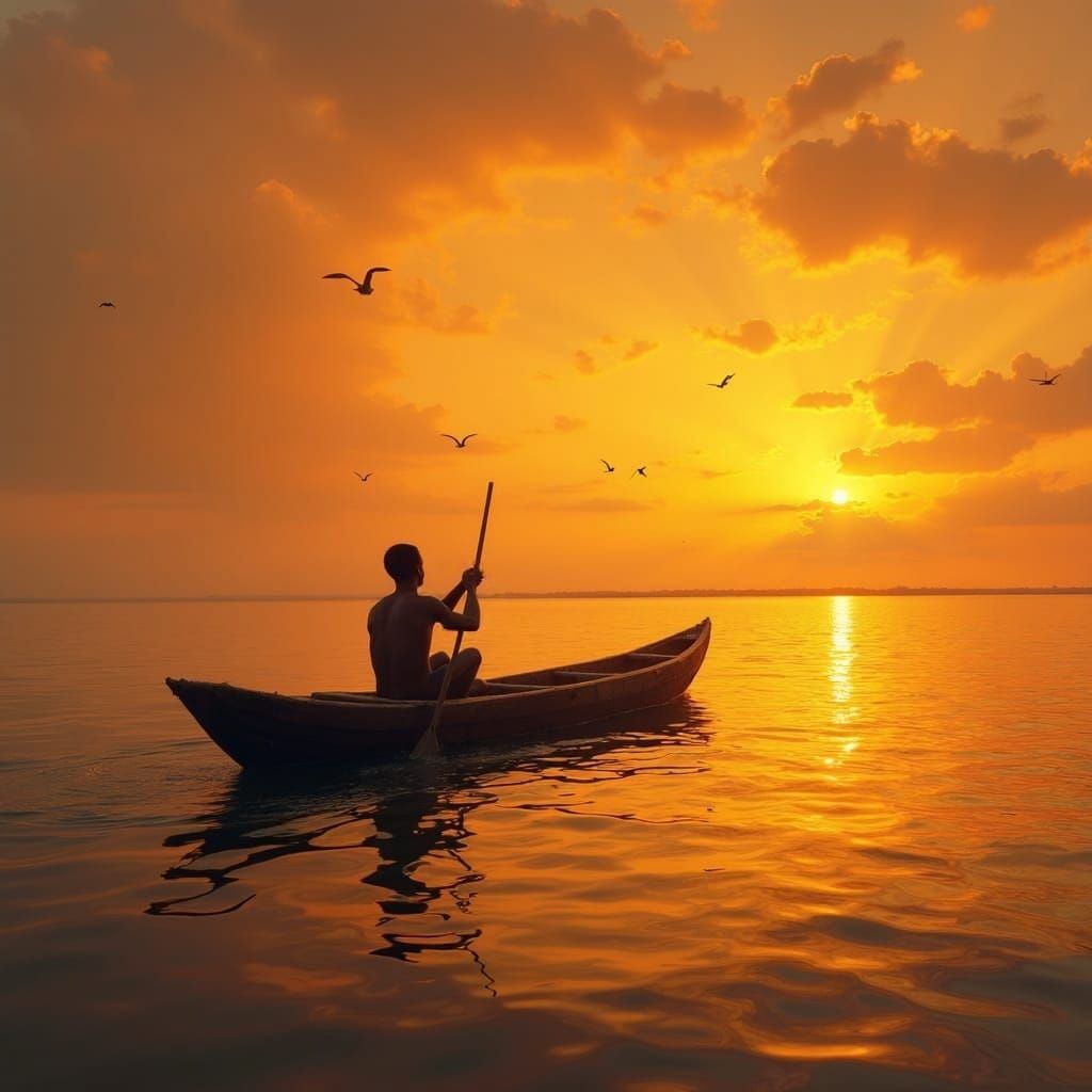 Lake Malawi Sunset Canoe Ride in Luminist Style