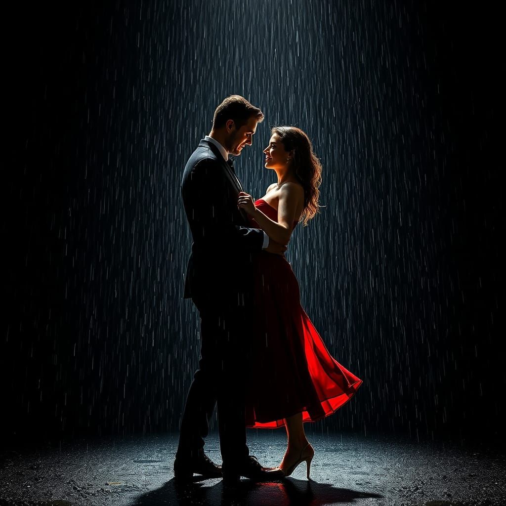 Romantic Waltz in Rain: Hyperrealistic HDR Image