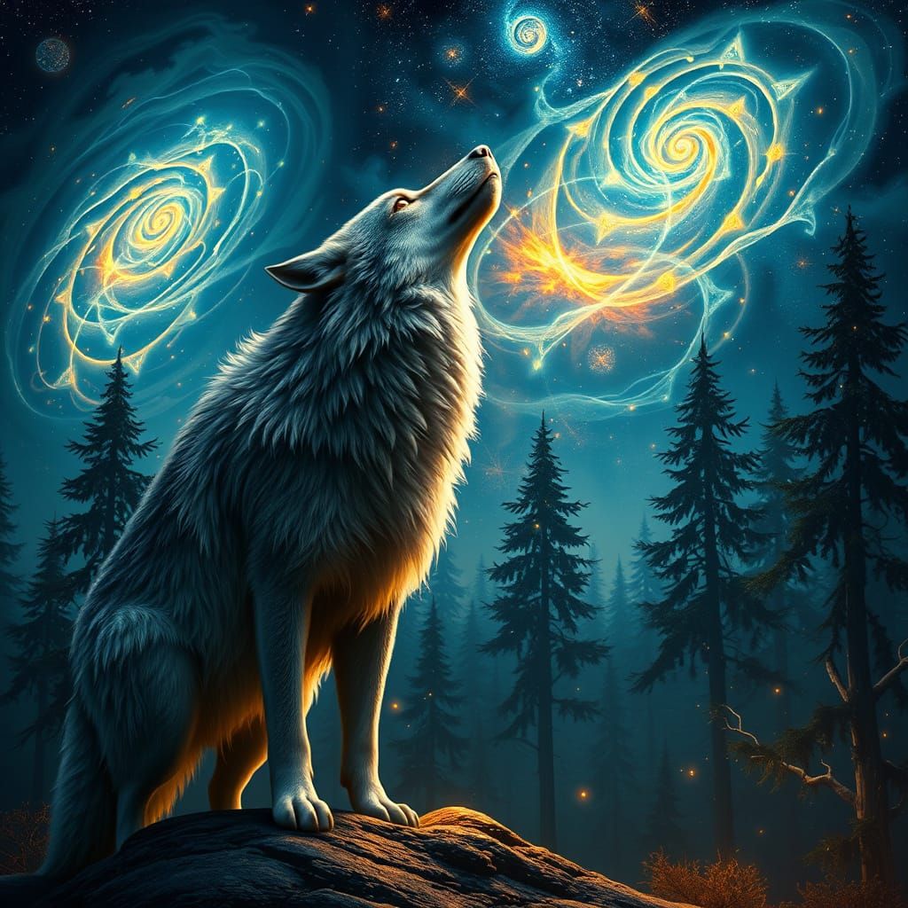 Wolf in Cosmic Forest, with Swirling Nebulas and Glowing Run...