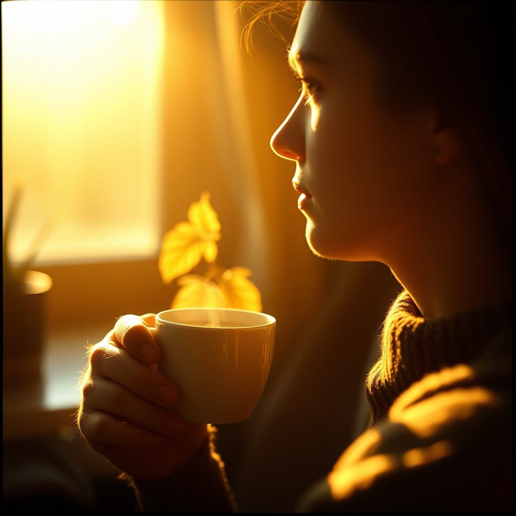Serene Morning: Person with Coffee in Sunlight