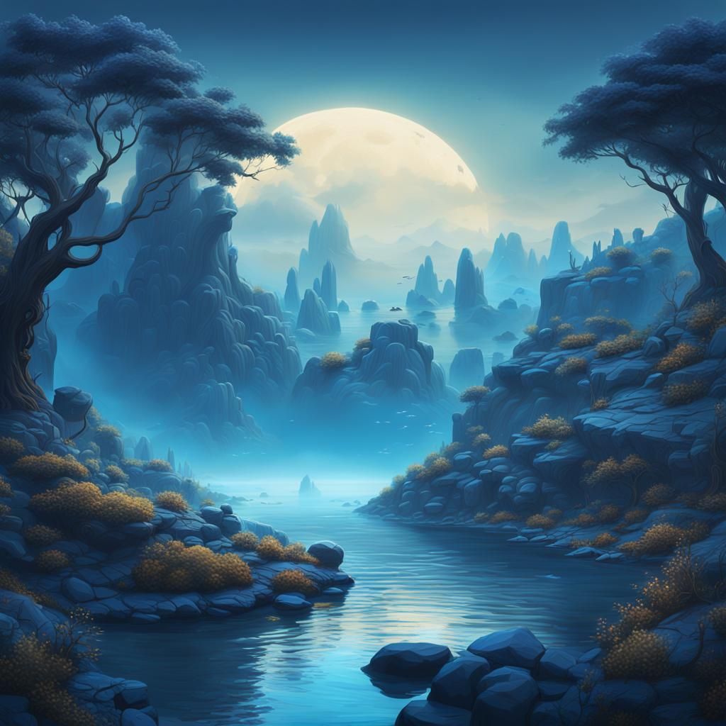 Serene Blue Landscape in Detailed Digital Matte Painting