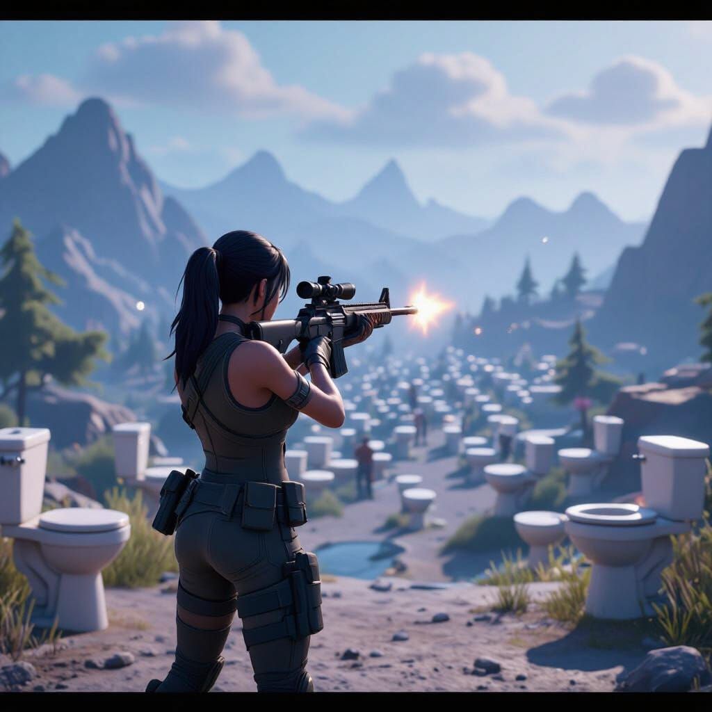 Fortnite Character Aims Rifle Amidst Surreal Toilet Landscap...