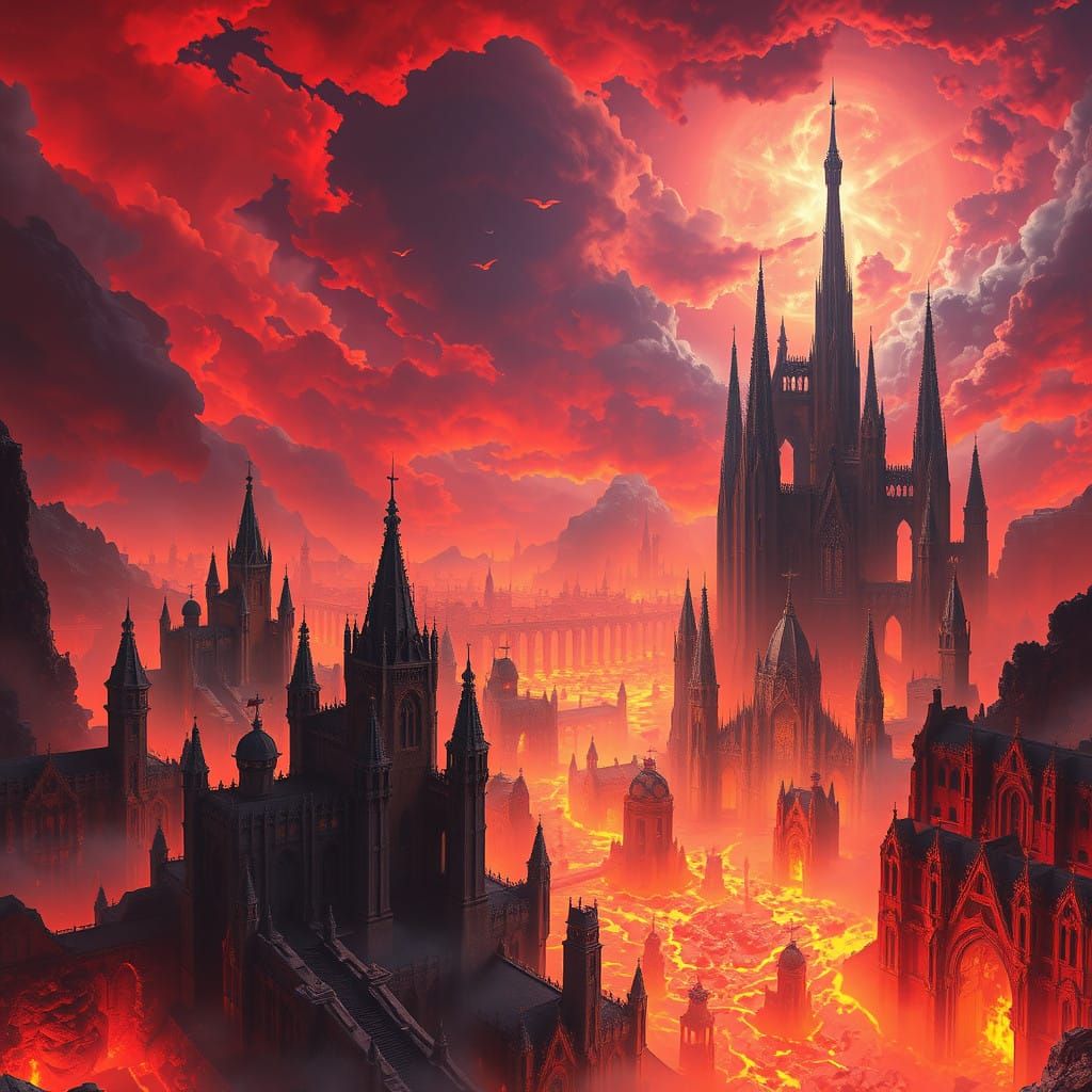 Surreal Hellish Cityscape in Fiery Red and Orange Skies