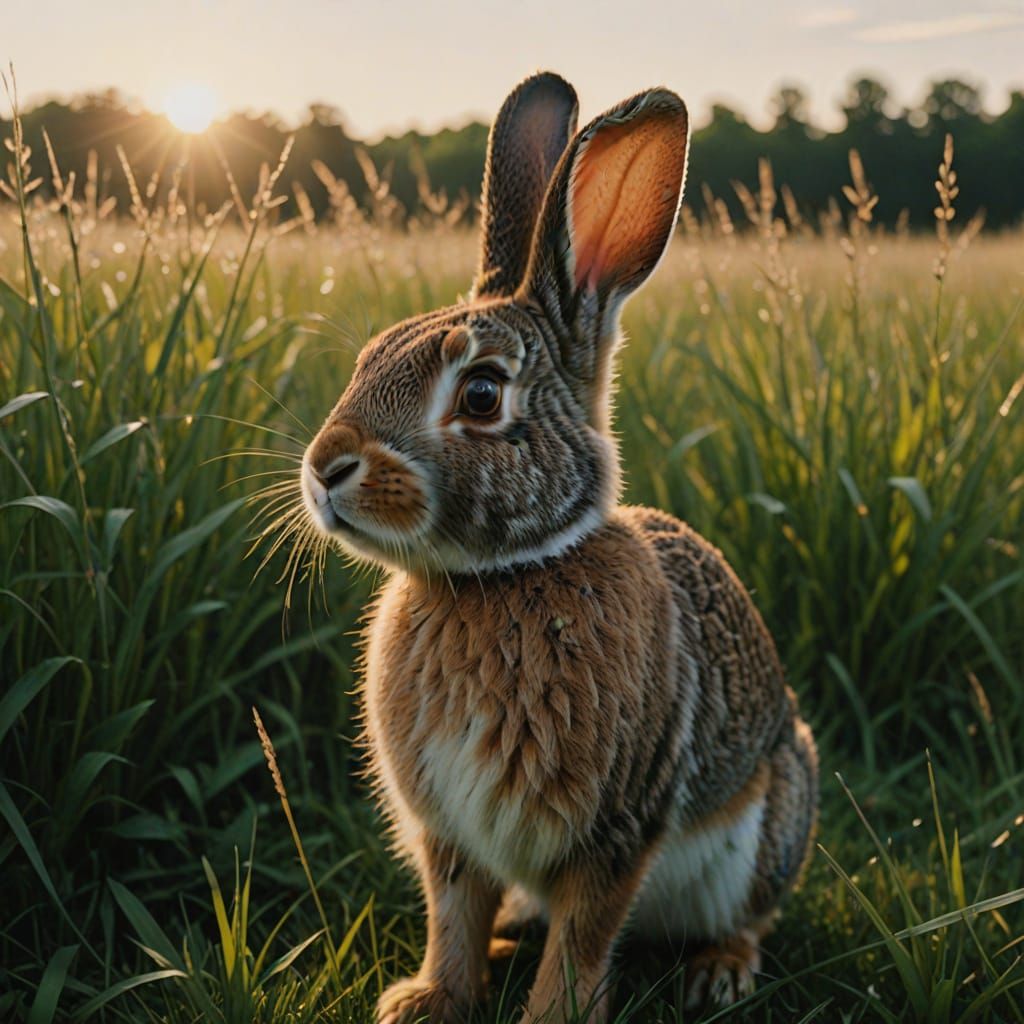Innocent Rabbit in Golden Hour Meadow