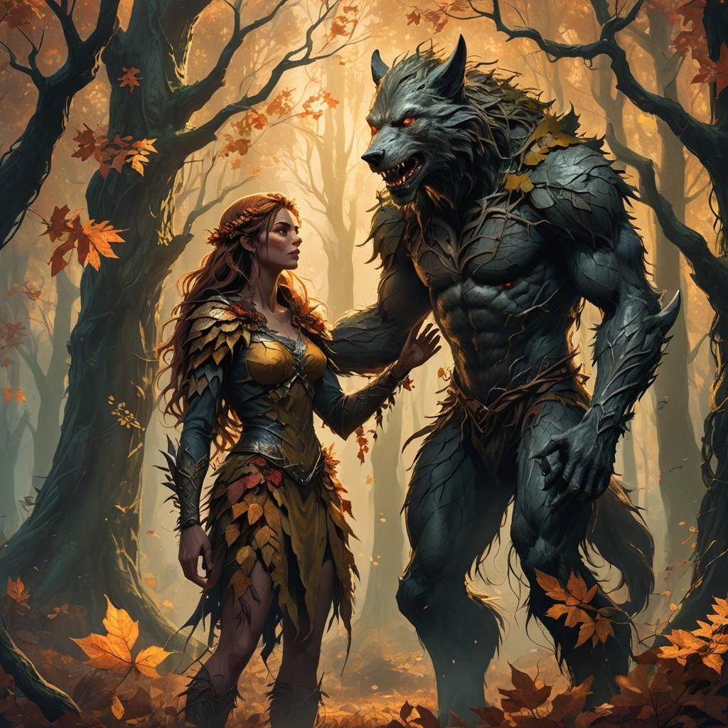Werewolf and Dryad in Autumn Forest: Fantasy Illustration