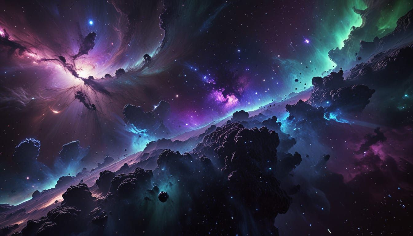 Ethereal Dark Galaxy Illuminated by Vibrant Nebulae
