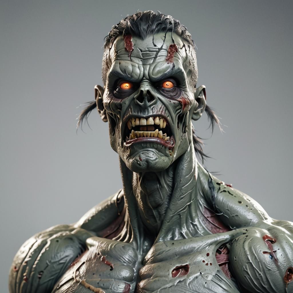 Cartoon Muscle Zombie Close-up in CGI Style