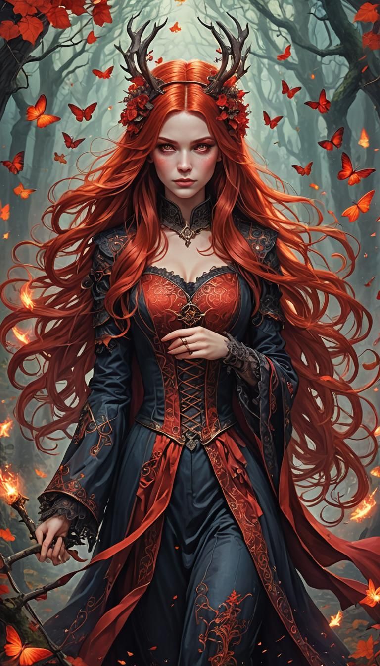 Red Haired Witch over Cauldron, a Fairy Tale