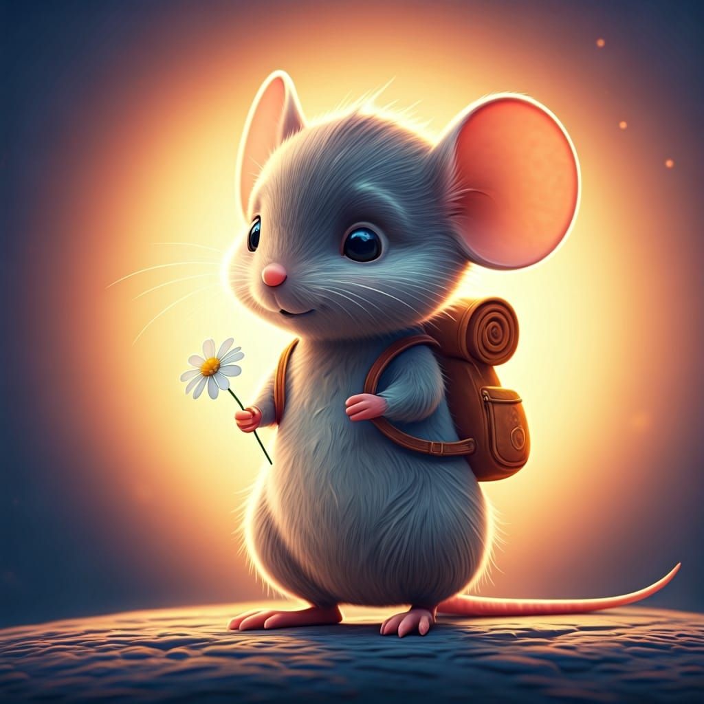 Shy Mouse Explorer with Flower in Dreamlike World