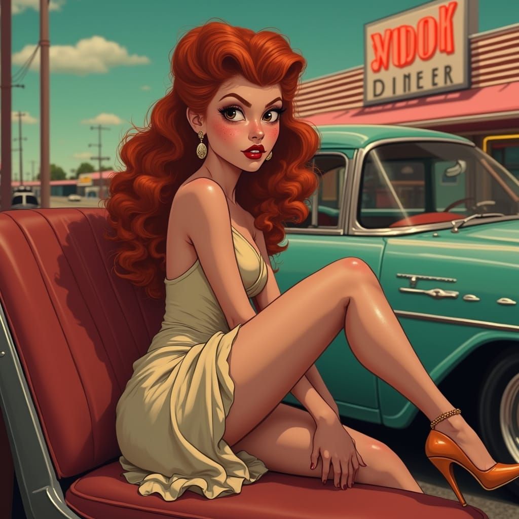 Sultry Pin-Up Girl in 1950s Setting with Classic Car and Din...