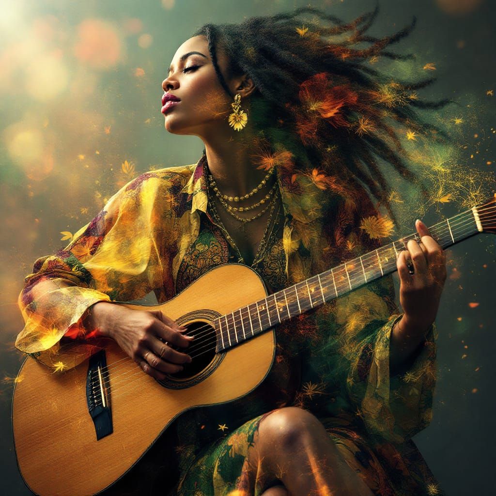 Fantasy Jamaican Woman Playing Guitar in Double Exposure