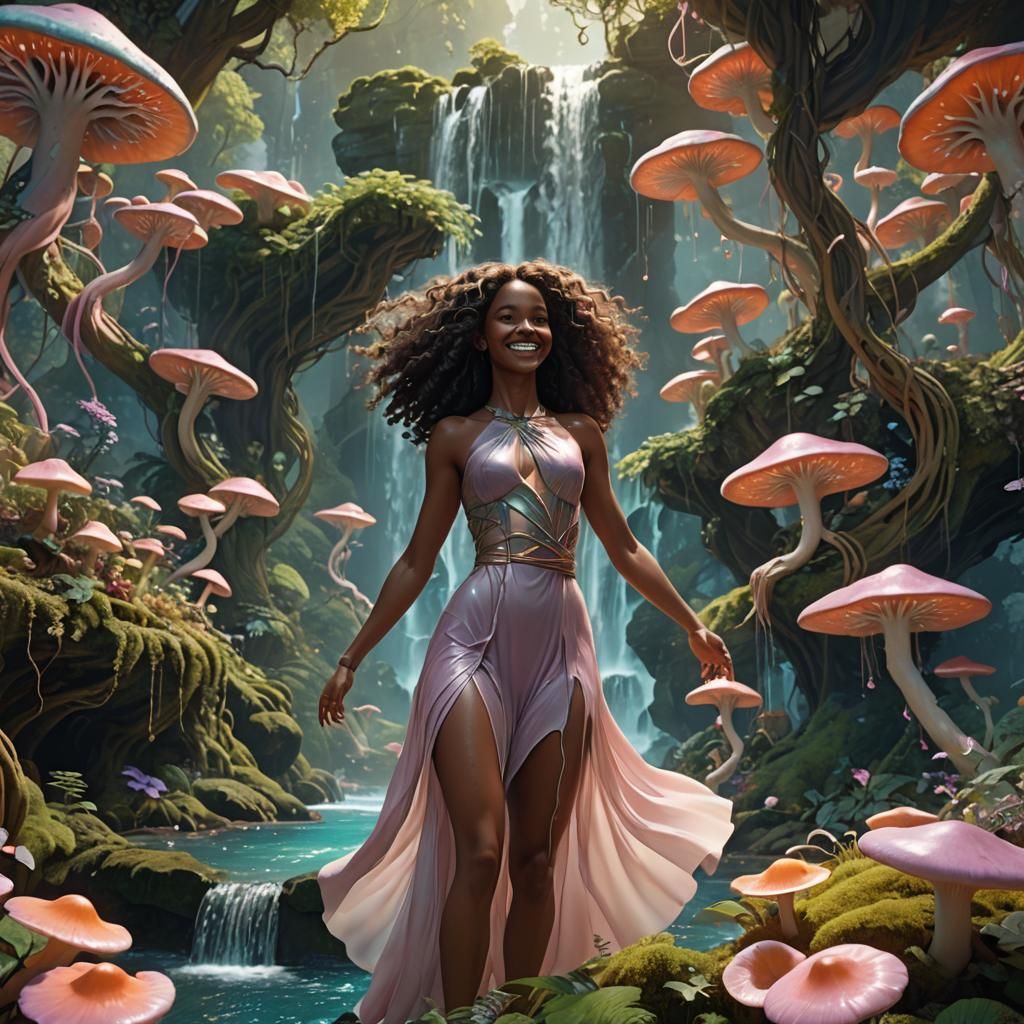 Woman Bending in Lush, Surreal Environment