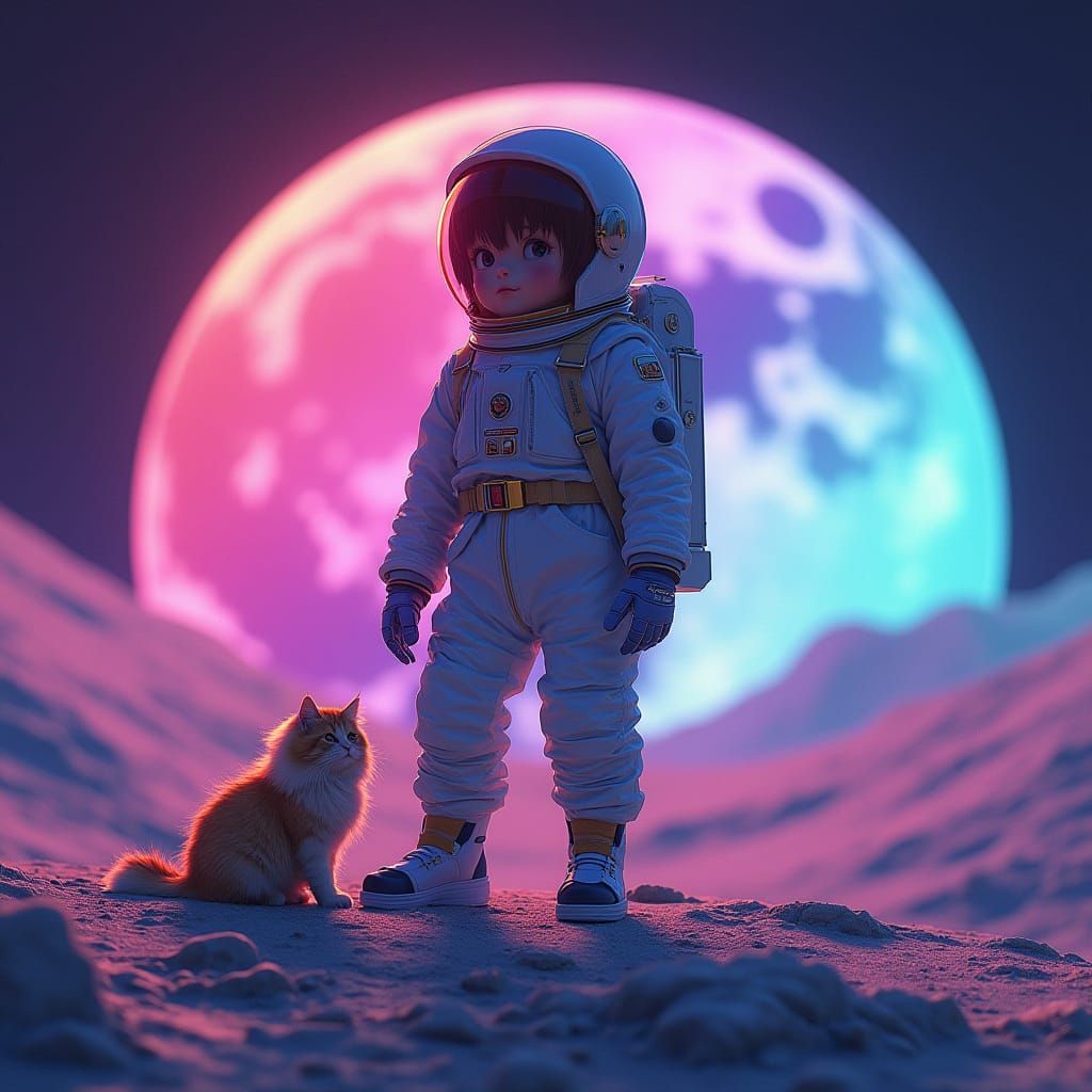 Girl and Persian Cat on Moon with Futuristic Neon Glow
