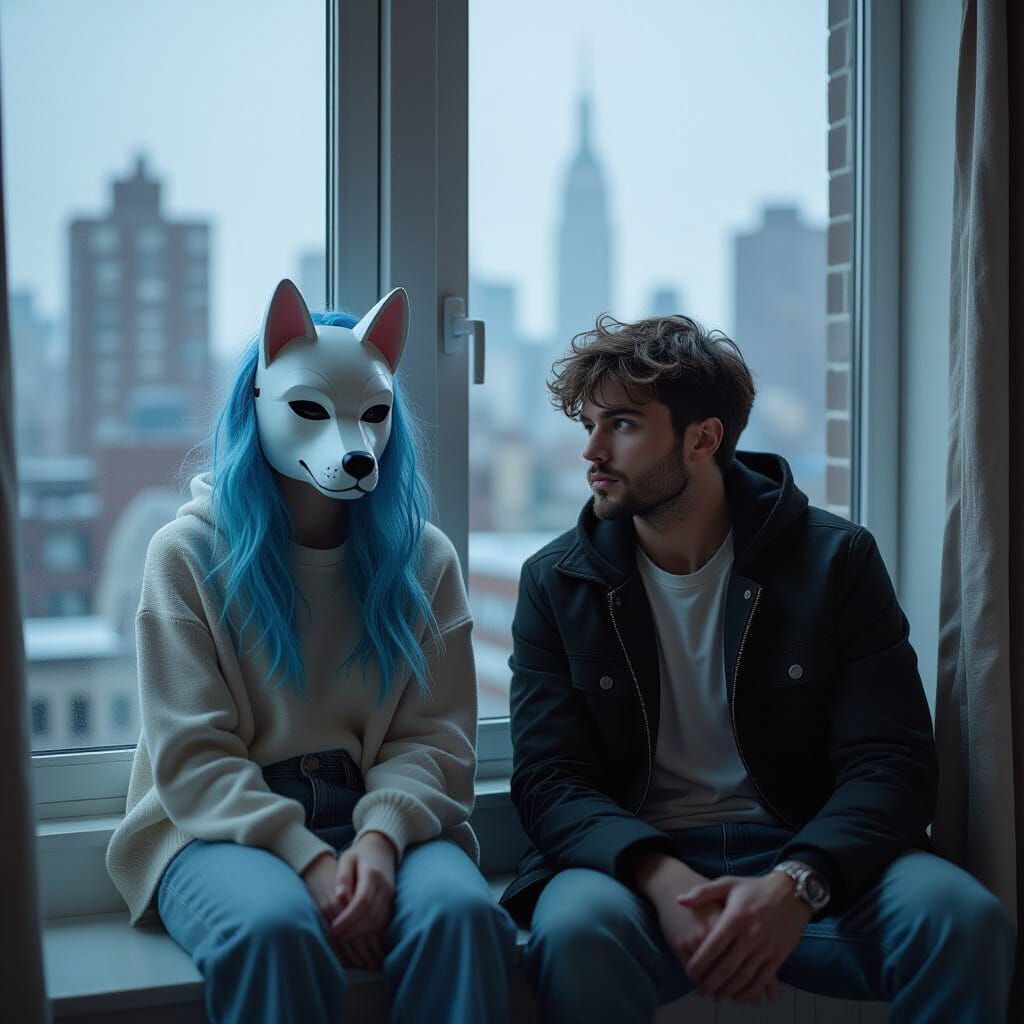 Pensive Figures in Rainy Cityscape: Cinematic Film Still