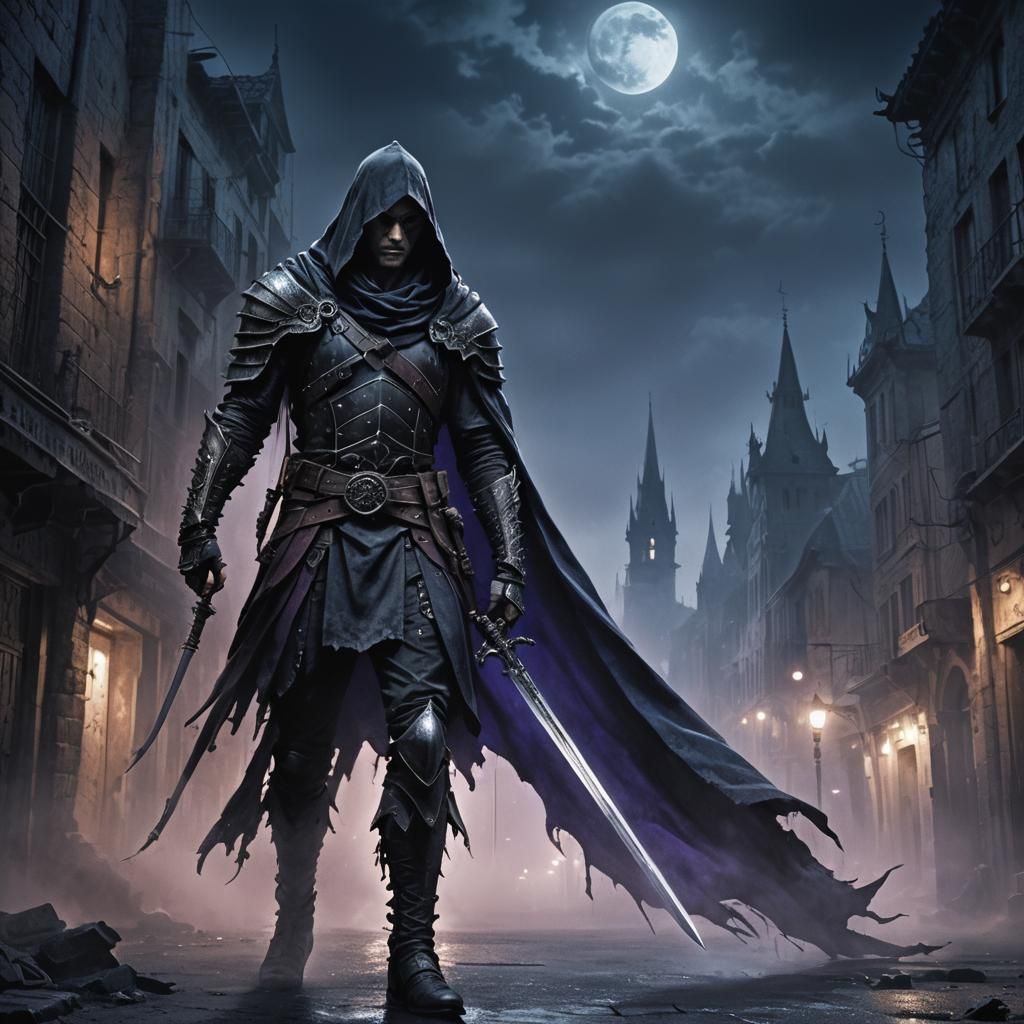 Hooded Warrior in Dark Fantasy City, Luis Royo Style