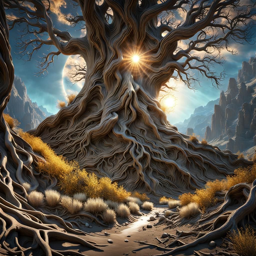 Eerie Wasteland: World Tree and Sunlit River