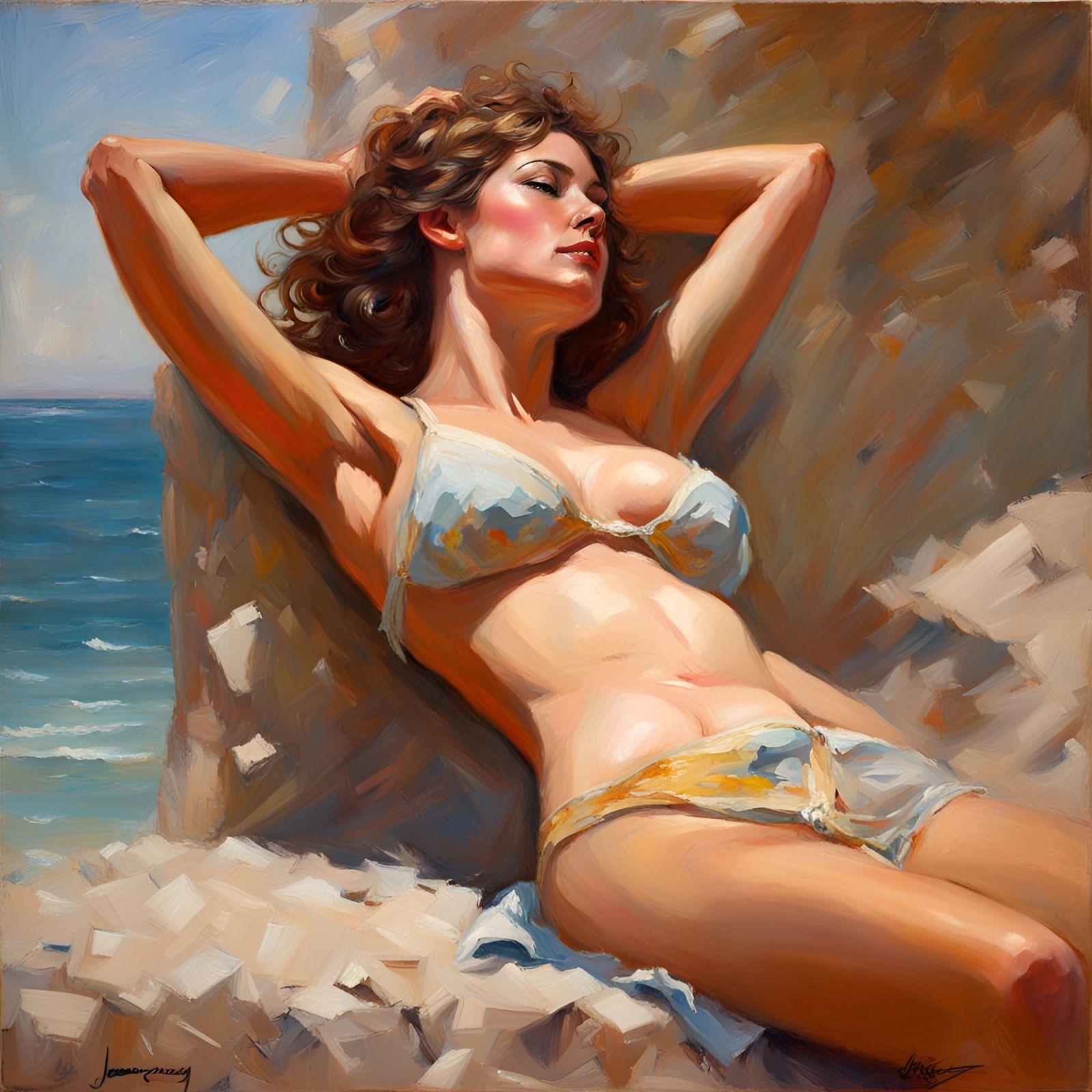 Woman Sunbathing as Oil Painting