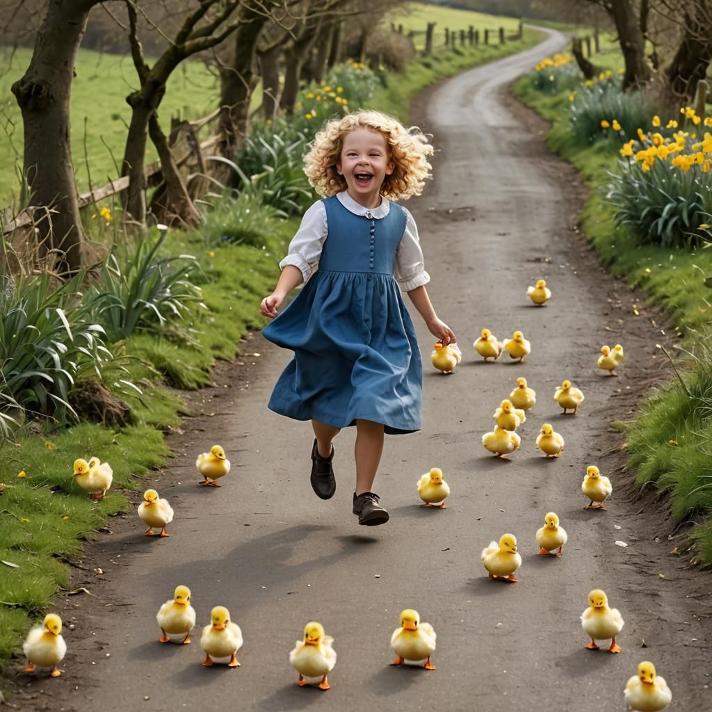 Girl and Ducks in Sunny Countryside