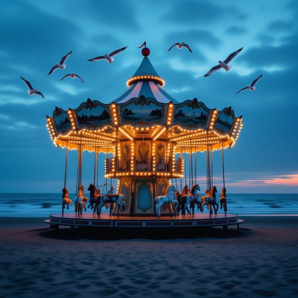 Vintage Carousel on Deserted Beach at Dusk