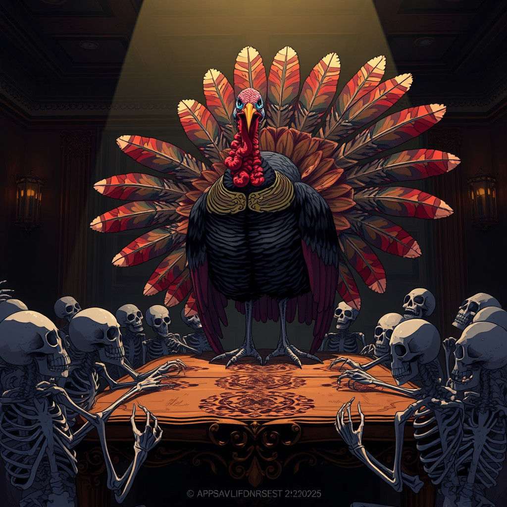 Turkey King Over Skeletons in Anime Style