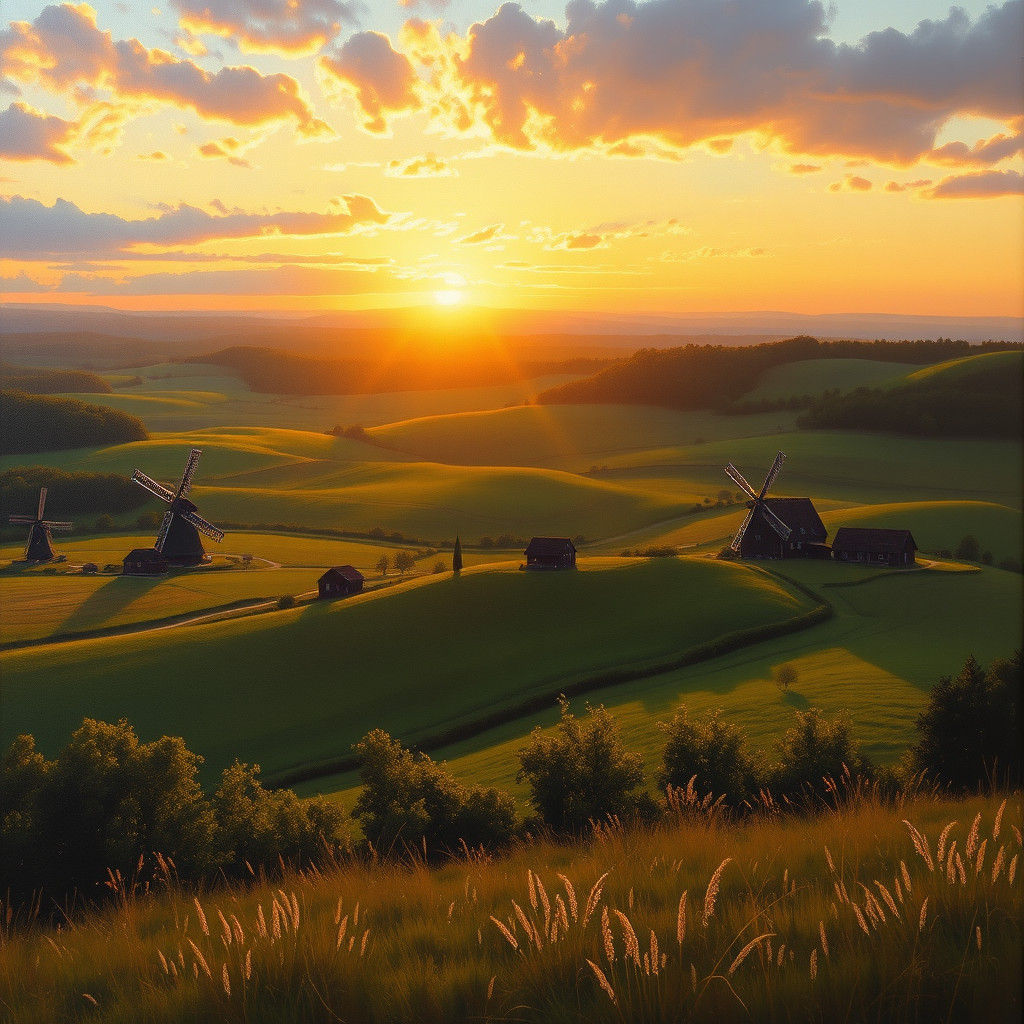 Sunset Over Rolling Hills, Oil Painting