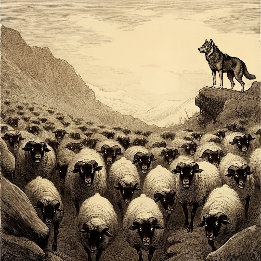 Menacing Sheep Herd Illustration in Dore Style