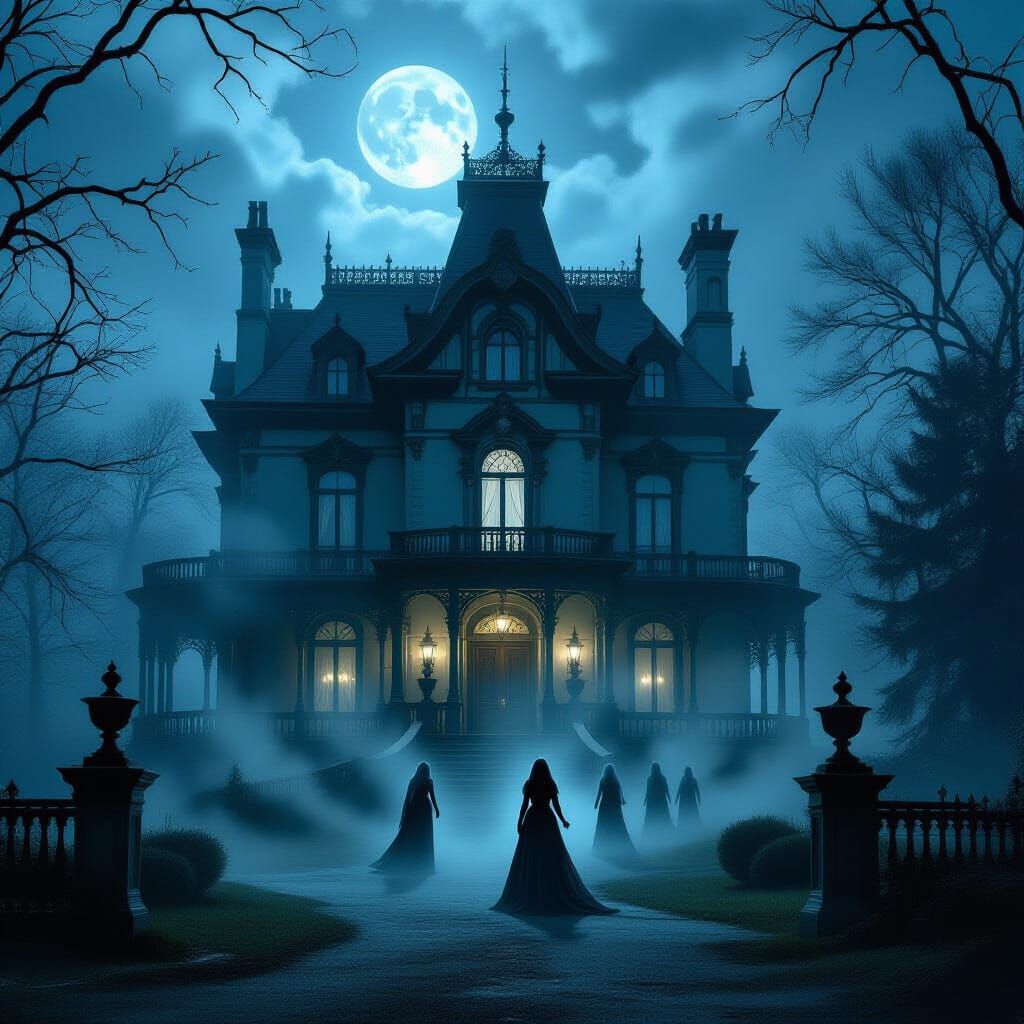 Opulent Victorian Manor in Mist with Ghostly Apparitions