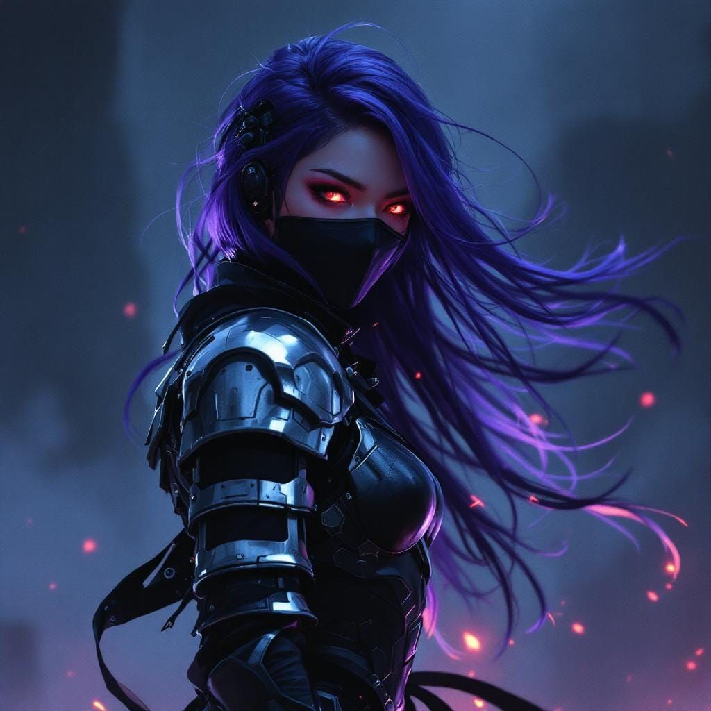 Cyber Ninja with Flowing Hair in Matte Painting Style