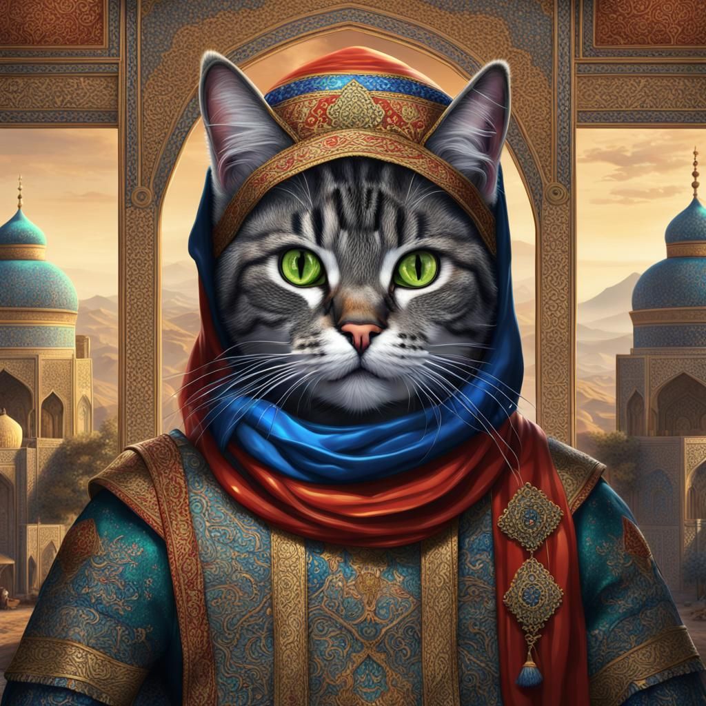 A Cat dressed as the country of Iran drawing