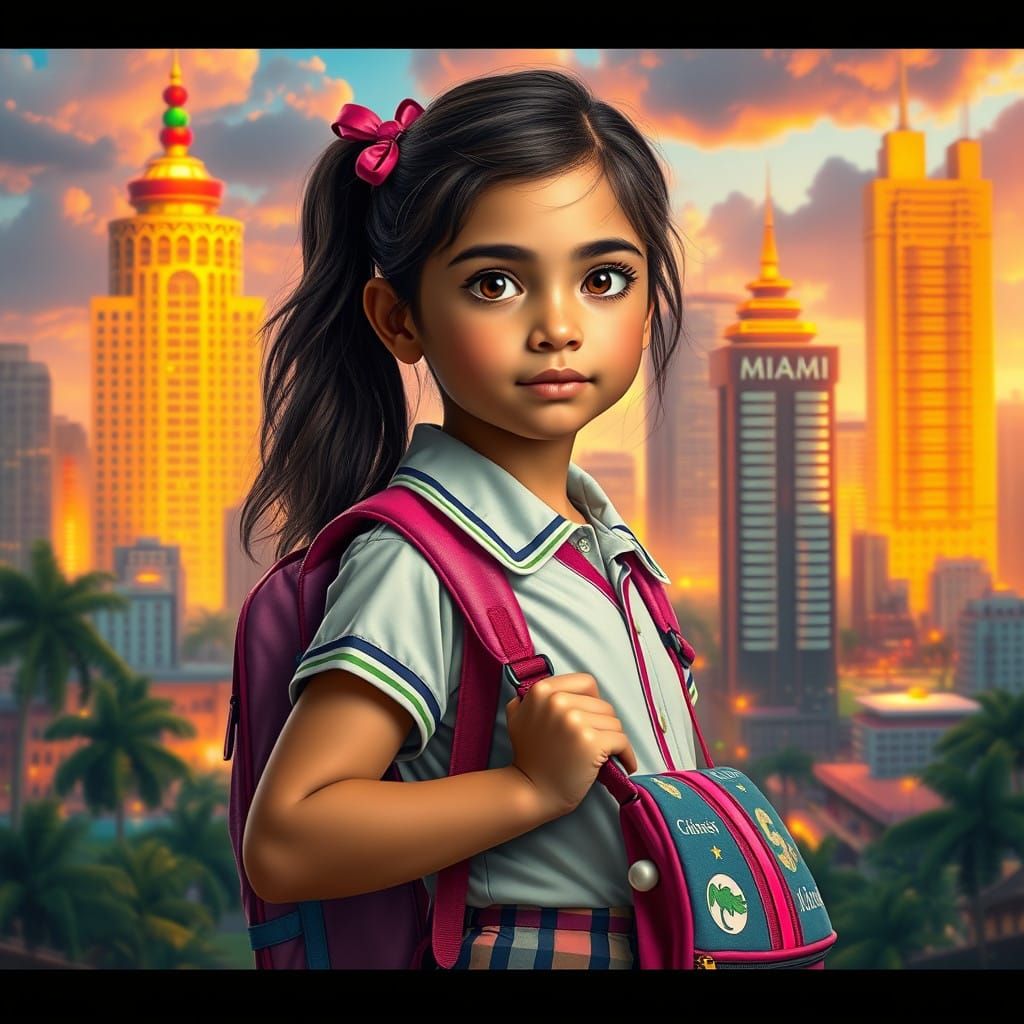 Vibrant Miami Schoolgirl in Enchanted Cityscape, in Highly D...