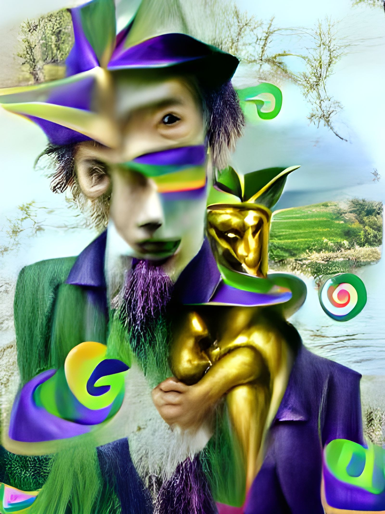 Surreal Trickster God in Gold, Green, and Purple