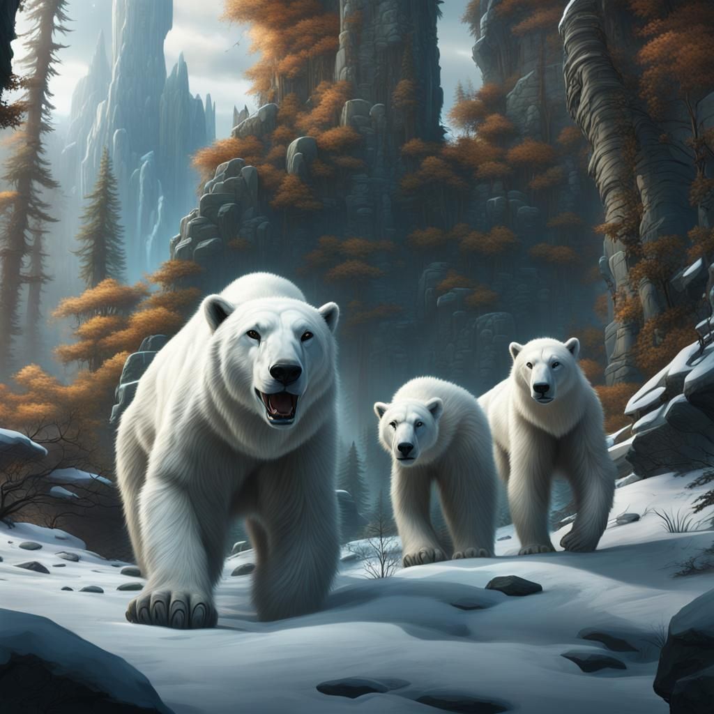 Wizard Cats Ride Polar Bears in Boreal Forest
