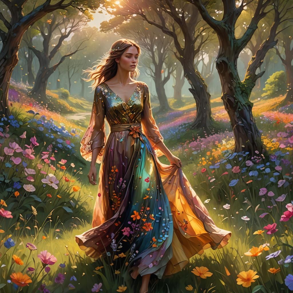 Woman in Floral Dress: Art Nouveau Fantasy