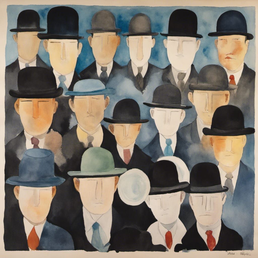 René Magritte Making Bowler Hats, Art Brut Watercolor