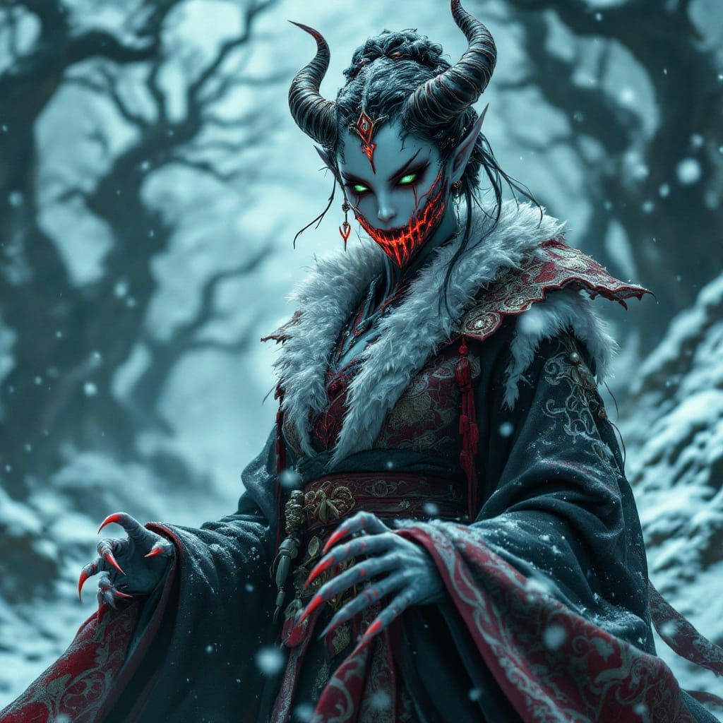 Gothic Snow Demon Reigns in Ancient, Frozen Landscape