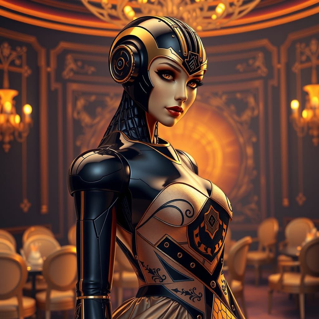 Elegant Retro-Futuristic Robot in Golden Ballroom