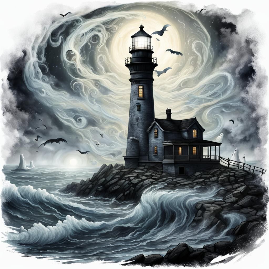 Eerie Lighthouse with Swirling Ghosts