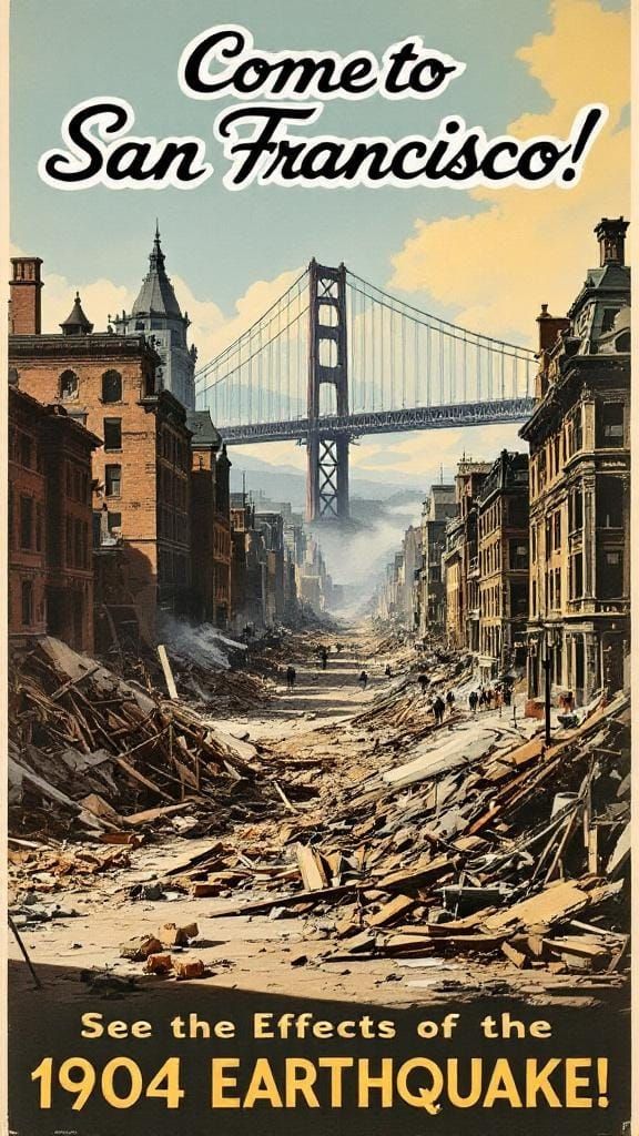 A 1960’s style Travel Poster advertising the 1904 San Francisco Earthquake.