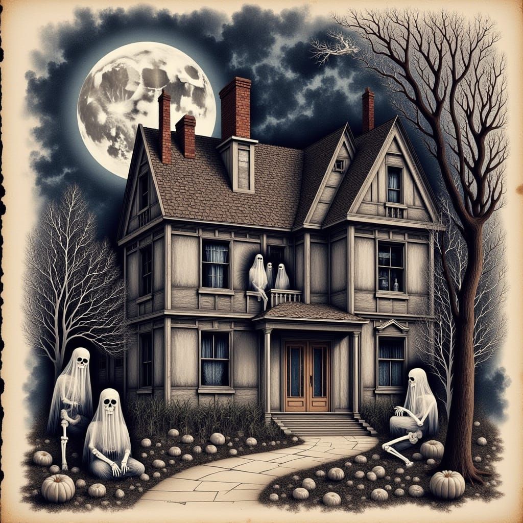 Haunted Victorian House with Ghostly Skeletons