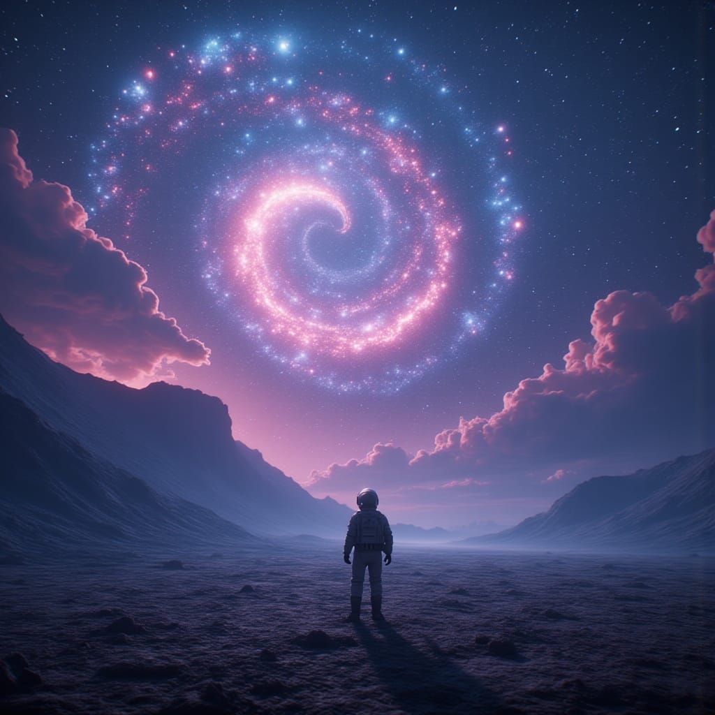 Astronaut Gazes at Swirling Nebula on Alien Planet