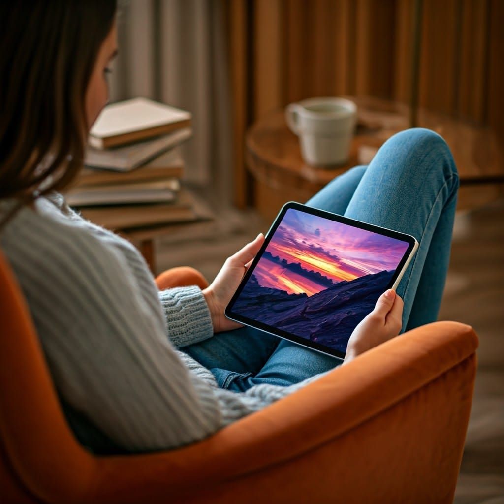 Woman Relaxing With Tablet in Dreamy Surreal Style