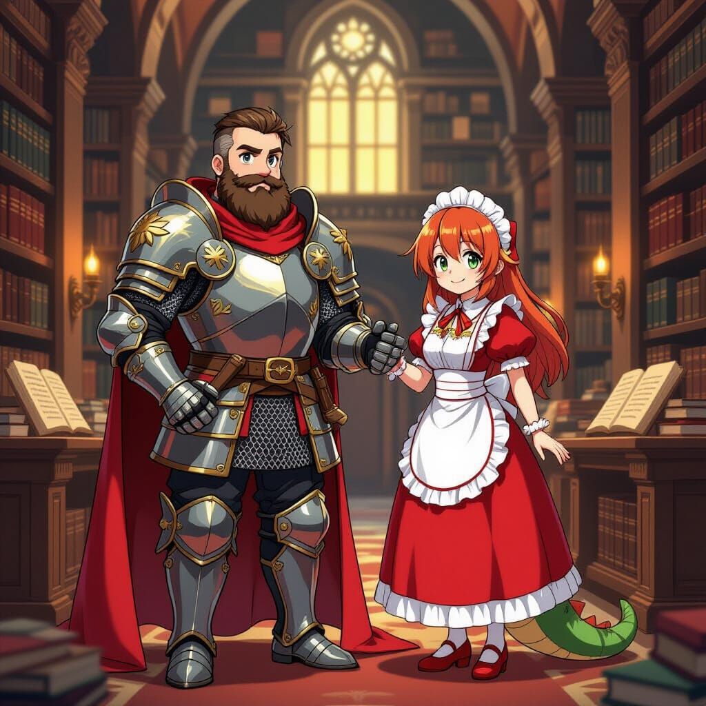 Anime Knight and Lizard Girl in Grand Library