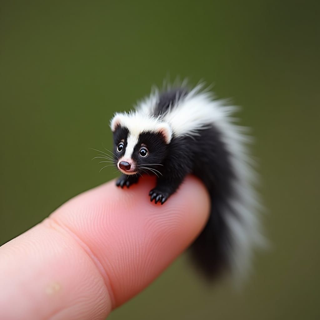 Miniature Skunk on Fingertip: A Tiny Marvel