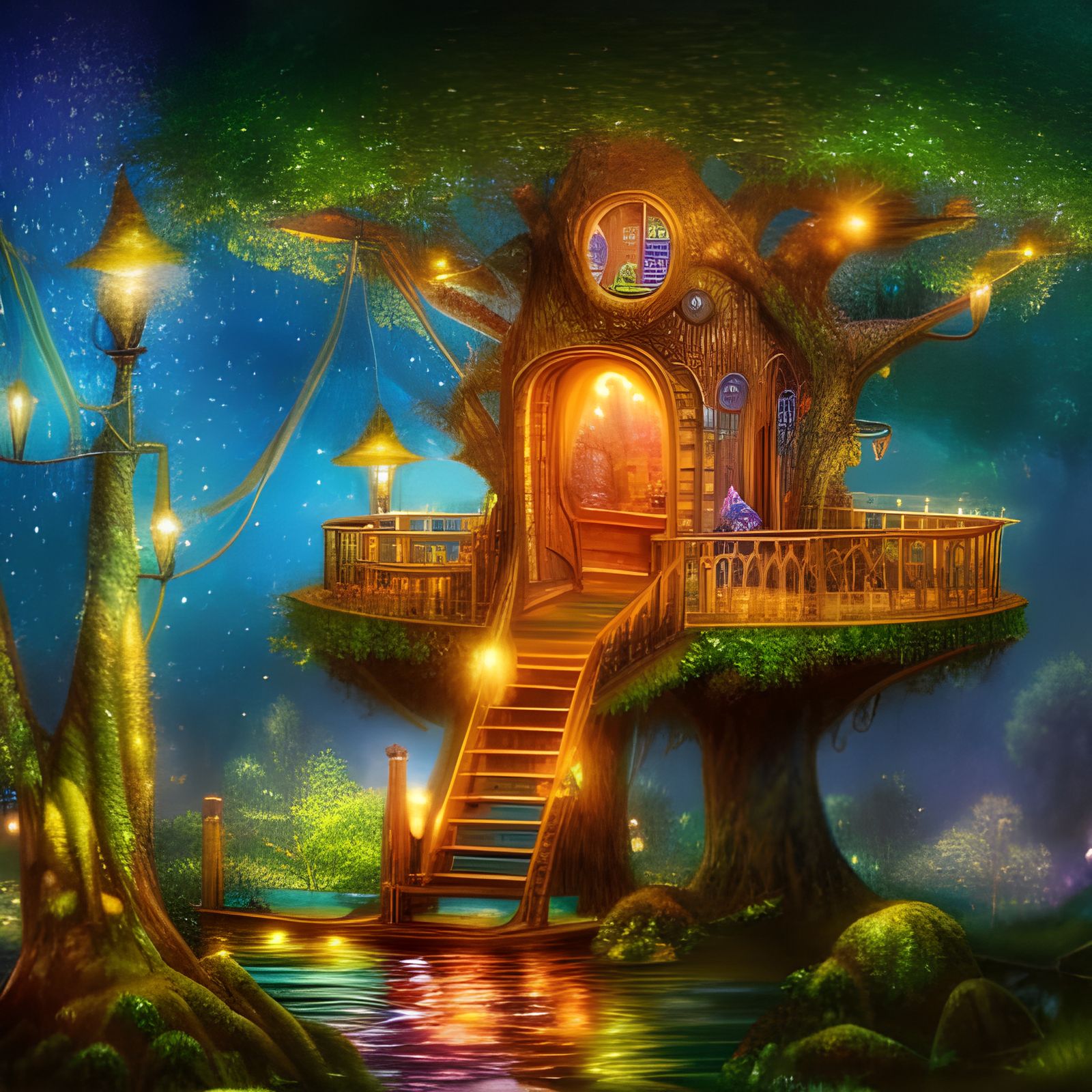 Enchanted Treehouse Under Starry Night Sky