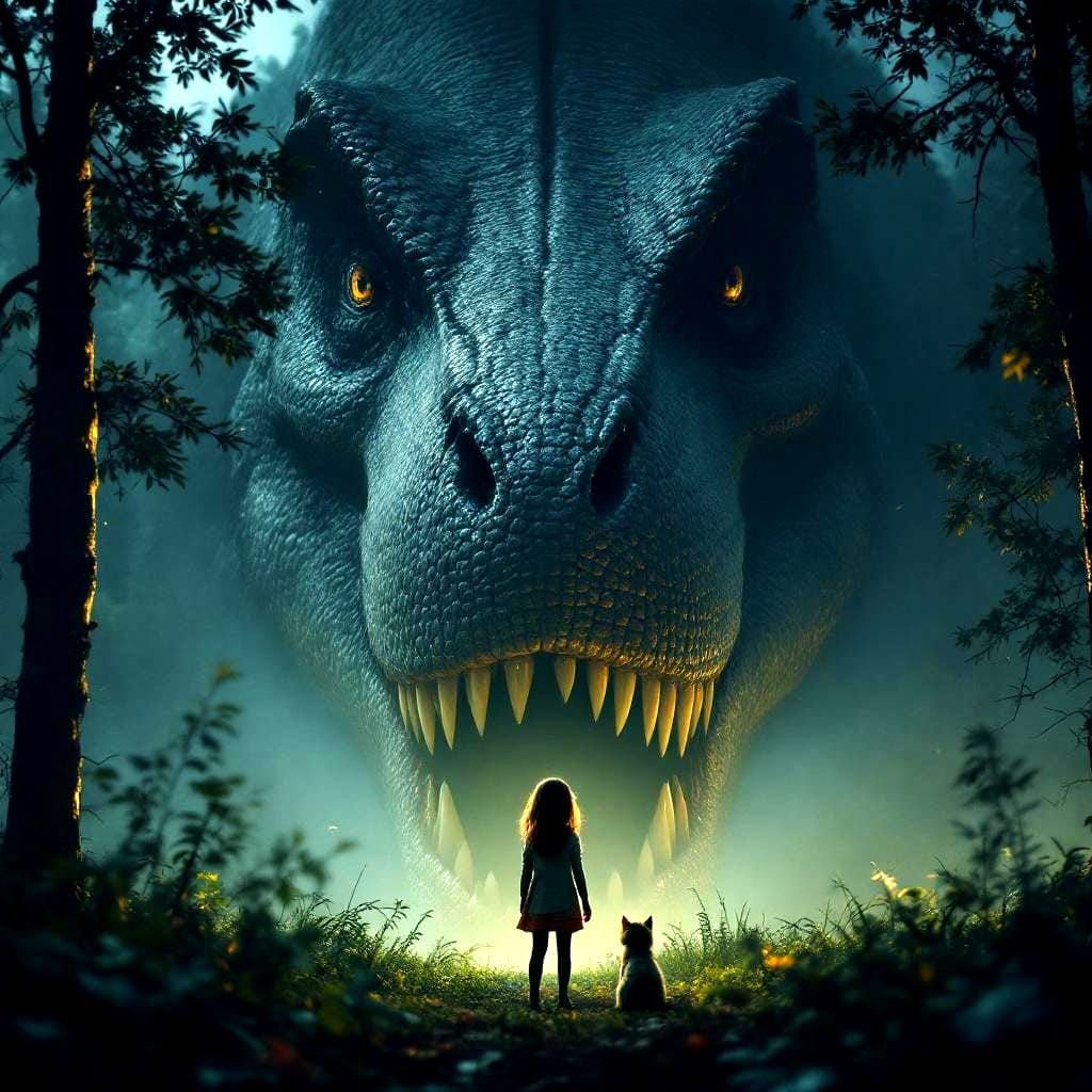 Realistic T-Rex Head with Girl and Cat in Forest